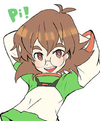  :d arms_behind_head brown_eyes brown_hair commentary_request female glasses miyata_(lhr) open_mouth pidge_gunderson reverse_trap smile solo voltron:_legendary_defender voltron_(series) 