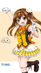  boots brown_hair double_bun dumpling female food gloves green_eyes hair_bun itsuki_sayaka marronni_yell official_art official_wallpaper pleated_skirt skirt solo tsutsumi_manami twintails 