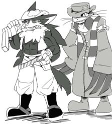  bandai_namco butz_(klonoa) canid canine canis cigar claws clothing domestic_cat duo felid feline felis grin gun hair hat headgear headwear janga klonoa_(series) male mammal muscular pilz_moos ponytail ranged_weapon scarf smile weapon wolf 