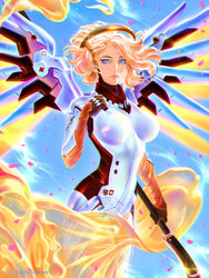  bad_id bad_pixiv_id blonde_hair blue_eyes bodysuit breasts breasts_apart chromatic_aberration commentary english_commentary female halo high_ponytail highres large_breasts lips long_hair mechanical_halo mechanical_wings mercy_(overwatch) overwatch overwatch_1 pantyhose petals solo staff tatti_art wings yellow_wings 