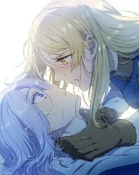  1boy arslan arslan_senki blonde_hair blue_eyes blush brown_gloves commentary_request earrings etoile_(arslan_senki) female gloves ikezaki_misa jewelry long_hair nose_blush strangling tears white_hair yellow_eyes 