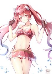  atoatto bikini blush breasts commentary_request cordelia_(fire_emblem) cordelia_(fire_emblem)_(cosplay) cordelia_(summer)_(fire_emblem) cosplay female fire_emblem fire_emblem_awakening fire_emblem_heroes gloves long_hair navel open_mouth red_eyes red_hair severa_(fire_emblem) simple_background smile solo swimsuit twintails white_background 