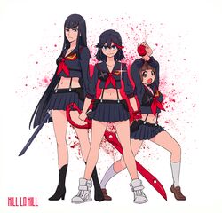  3girls arms_up black_hair blue_eyes boots brown_eyes brown_hair commentary_request cosplay crop_top crop_top_overhang highres kill_la_kill kiryuuin_satsuki kneehighs loafers long_hair mankanshoku_mako matoi_ryuuko matoi_ryuuko_(cosplay) midriff multiple_girls navel sako_(namocake) school_uniform scissor_blade_(kill_la_kill) senketsu serafuku shoes short_hair siblings sisters skirt sneakers socks suspenders sword weapon 