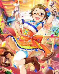  artist_request brown_eyes brown_hair confetti female food glasses idolmaster idolmaster_cinderella_girls jewelry kitagawa_mahiro microphone necklace official_art one_eye_closed orange-framed_eyewear pretzel short_hair solo_focus thighhighs 