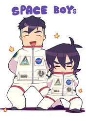  2boys =_= ^_^ arms_behind_back astronaut black_hair closed_eyes commentary_request english_text keith_(voltron) male_focus miyata_(lhr) multiple_boys nasa_logo open_mouth parody poptepipic poptepipic_pose pose smile spacesuit star_(symbol) takashi_shirogane voltron:_legendary_defender voltron_(series) 