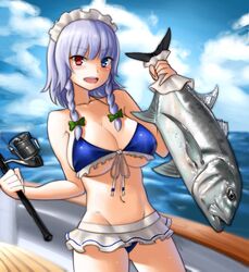  bad_id bad_pixiv_id bikini bikini_skirt blue_bikini blue_eyes blush braid breasts cleavage cookie_(touhou) female fish fishing_rod frilled_bikini frills front-tie_top genpatsu_(cookie) grey_hair heterochromia highres ikami_(rockhardridefree) izayoi_sakuya large_breasts looking_at_viewer maid_headdress navel open_mouth red_eyes shiny_skin short_hair solo swimsuit touhou tsurikichi_obasan twin_braids 