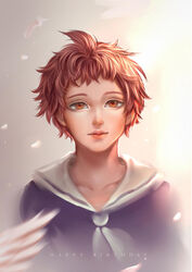  blue_shirt brown_hair commentary commission english_commentary enmoire female happy_birthday lips looking_at_viewer original sailor_collar shirt short_hair solo upper_body white_sailor_collar white_wings wings 