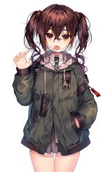  absurdres bad_id bad_twitter_id brown_eyes brown_hair female ha_youn hair_between_eyes hand_in_pocket highres idolmaster idolmaster_cinderella_girls jacket long_hair long_sleeves looking_at_viewer mask mask_pull miniskirt mole mole_under_eye mouth_mask necktie open_mouth sharp_teeth simple_background skirt sunazuka_akira surgical_mask teeth twintails waving white_background 