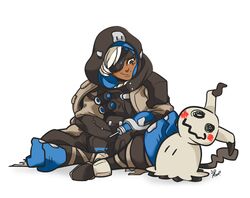  3d_rod! ana_(overwatch) braid commentary crossover dark-skinned_female dark_skin english_commentary eyepatch female grey_hair hijab hood mimikyu old old_woman overwatch overwatch_1 pokemon pokemon_(creature) pokemon_sm sitting 