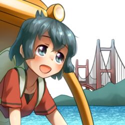  :d ahoge backpack bag black_eyes black_hair blush bridge commentary_request ears_visible_through_hair female green_eyes green_hair kaban_(kemono_friends) kemono_friends looking_at_viewer looking_up lowres open_mouth short_hair short_sleeves smile solo striped_sleeves suspension_bridge transparent_background water welt_(kinsei_koutenkyoku) 