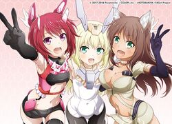  alice_gear_aegis animal_ears baselard blonde_hair bodysuit breasts brown_hair cleavage crossover dark_skin elbow_gloves frame_arms_girl gloves gradient green_eyes himukai_rin hug kaneshiya_sitara kitagawa_daisuke long_hair navel purple_hair red_hair short_hair shorts techgirl thighhighs waifu2x 