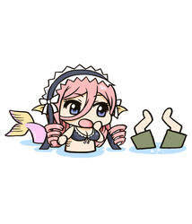  1boy bikini blue_eyes chibi commentary_request drill_hair female fins gills head_fins iriomote kurusu_kimihito long_hair maid_headdress mermaid meroune_lorelei monster_girl monster_musume_no_iru_nichijou partially_submerged photoshop_(medium) pink_hair swimsuit upside-down 