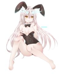  animal_ears arm_behind_back bad_id bad_pixiv_id bare_legs barefoot black_bow black_bowtie black_leotard blanket_(kkbjah) bow bowtie breasts choker cleavage code:_battle_seraph_(elsword) collarbone covered_navel elsword eve_(elsword) facial_mark female floating_hair full_body hair_between_eyes highres leotard long_hair medium_breasts open_mouth playboy_bunny rabbit_ears simple_background sitting solo strapless strapless_leotard very_long_hair white_background white_hair yellow_eyes 