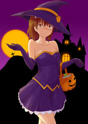  breasts cleavage collarbone commentary_request cowboy_shot elbow_gloves female flower gloves hair_between_eyes hair_flower hair_ornament halloween halloween_costume hat jack-barro looking_at_viewer medium_breasts miniskirt misaka_mikoto orange_eyes parted_lips pleated_skirt purple_gloves purple_hat purple_skirt skirt smile solo standing strapless toaru_majutsu_no_index white_flower witch_hat 