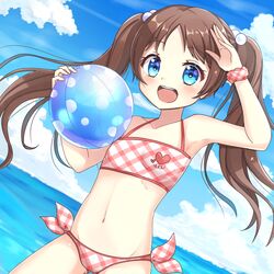  :d ass_visible_through_thighs ball beachball bikini blue_eyes brown_hair cloud commentary_request day dutch_angle female hair_bobbles hair_ornament long_hair monobeno navel ocean open_mouth salute sawai_natsuha scrunchie sky smile solo sunameri_(pixiv3564245) swimsuit transparent twintails water 