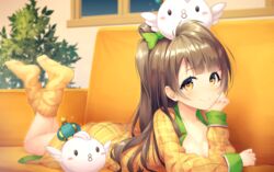  bad_id bad_pixiv_id bow breasts brown_hair cleavage couch feet_up female green_bow grey_hair hairbow head_rest indoors kyouou_ena long_hair long_sleeves looking_at_viewer love_live! love_live!_school_idol_festival love_live!_school_idol_project lying minami_kotori minami_kotori_(bird) night object_on_head on_stomach one_side_up open_clothes open_shirt plaid_pajamas revision smile socks solo sparkle yellow_eyes yellow_socks 