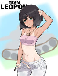  armpits bandeau bead_bracelet beads bracelet brown_hair casual closed_mouth commentary_request cowboy_shot dark-skinned_female dark_skin english_text female girls_und_panzer green_eyes hand_in_own_hair hand_in_pocket hoshino_(girls_und_panzer) jewelry leopon_(animal) light_smile looking_at_viewer navel necklace nose one-piece_tan open_fly panties pants purple_shirt shirt short_hair solo strapless tan tanlines underwear wata_do_chinkuru white_panties white_pants 