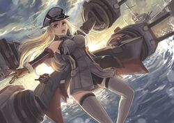  bare_shoulders bismarck_(kancolle) bismarck_kai_(kancolle) blonde_hair blue_eyes breasts brown_gloves cloud commentary_request detached_sleeves dutch_angle female gloves grey_thighhighs hair_between_eyes hat kantai_collection ks_(xephyrks) large_breasts long_hair machinery open_mouth outstretched_arm ship solo thighhighs water watercraft 