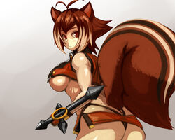  animal_ears antenna_hair ass black_panties blazblue breasts brown_eyes brown_hair commentary_request crop_top female fingerless_gloves gloves highleg highleg_panties large_breasts large_tail looking_at_viewer looking_back makoto_nanaya microskirt multicolored_hair nejime_(nejimeinu) orange_skirt panties revealing_clothes short_hair side_slit sideboob skirt solo squirrel_ears squirrel_girl squirrel_tail tail tonfa two-tone_hair underboob underwear weapon 