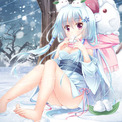  ayakashi_hyakkiyakou bare_tree barefoot blue_hair blue_kimono commentary_request eating feet female food hair_ornament hair_tubes japanese_clothes kimono legs long_hair off_shoulder onigiri original photoshop_(medium) pink_scarf purple_eyes scarf sekine_irie short_kimono sitting snow snow_rabbit snowflake_hair_ornament snowing snowman solo toes tree yuki_onna 