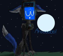  anthro canid canine canis closed_eyes digital_media_(artwork) electronics fandroid headphones howl jukebox loudandproudfangirl machine mammal microsoft_paint_(artwork) moon mythological_canine mythological_creature mythology robot screen screen_face text were werecanid werecanine werewolf wolf 