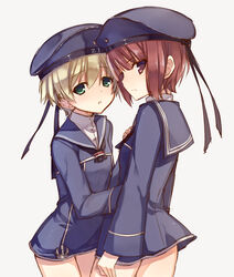  2girls alternate_hair_color anchor blonde_hair blush brown_eyes brown_hair clothes_writing commentary_request dress green_eyes hat kantai_collection long_sleeves multiple_girls sailor_collar sailor_dress sailor_hat short_hair tahya z1_leberecht_maass_(kancolle) z3_max_schultz_(kancolle) 