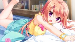  :d bare_shoulders barefoot bed blue_skirt blush bookshelf bow braid breasts feet_up female floral_flowlove flower game_cg hairbow indoors large_breasts long_hair looking_at_viewer lying mihato_kano moribe_(rabumanyo) on_bed on_stomach open_mouth orange_hair pink_flower pink_rose purple_eyes red_bow room rose scrunchie skirt smile solo twin_braids very_long_hair wrist_scrunchie 