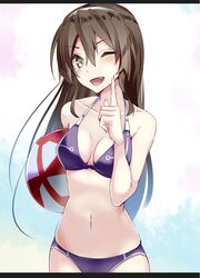  ashigara_(kancolle) ball beachball bikini brown_eyes brown_hair commentary_request female hairband kantai_collection long_hair oerba_yun_fang one_eye_closed solo standing swimsuit tenrai 