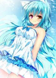  :3 animal_ears arms_behind_back bare_shoulders blue_hair blue_neckwear cat_ears collarbone commentary_request day dress female hair_ornament heterochromia huei_nazuki light_blush long_hair looking_at_viewer orange_eyes original outdoors pink_eyes solo strapless strapless_dress very_long_hair 