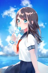  blue_eyes brown_hair commentary_request day female gen_(gen_m_gen) highres long_hair looking_at_viewer looking_back ocean original outdoors parted_lips ramune school_uniform serafuku short_sleeves solo wind 