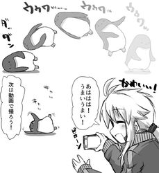  ahoge bird cellphone commentary english_commentary female greyscale hijikata-san_(m.m) jacket koshirae_tsurugi_(m.m) long_hair m.m monochrome open_mouth original penguin phone slow_motion smartphone smile translation_request 