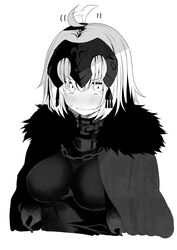  ahoge ahoge_wag blush bob_cut breasts chains coat commentary expressive_hair fate/grand_order fate_(series) female greyscale highres jeanne_d&#039;arc_alter_(avenger)_(fate) jeanne_d&#039;arc_alter_(avenger)_(first_ascension)_(fate) jeanne_d&#039;arc_alter_(fate) monochrome solo tanuki_(siutkm0228) upper_body 