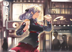  :t ^_^ bangs black_bow blush bow braid breasts closed_eyes closed_mouth commentary detached_sleeves eating eyebrows_visible_through_hair food from_side girls_frontline hairbow half_updo holding holding_food large_breasts long_hair military military_uniform night outdoors red_skirt sidelocks skirt smile snowru solo spas-12_(girls_frontline) uniform upper_body 