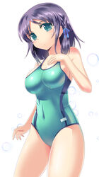  blue_eyes blue_hair breasts commentary_request competition_school_swimsuit covered_navel female hand_on_own_chest hiradaira_chisaki ishizu_kayu large_breasts nagi_no_asukara one-piece_swimsuit school_swimsuit short_hair solo standing sweatdrop swimsuit 