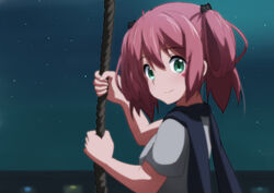  ame. anime_coloring chuunibyou_demo_koi_ga_shitai! commentary female green_eyes hair_rings photoshop_(medium) pink_hair rope scarf school_uniform shichimiya_satone twintails 