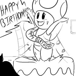  1:1 aliasing birthday birthday_cake black_and_white blush cake davidsanchan dessert digital_drawing_(artwork) digital_media_(artwork) elemental_creature elemental_humanoid english_text food food_fetish food_play fungi_fauna fungi_humanoid fungus humanoid in_food male mario_bros monochrome mushroom nintendo not_furry pop_out_cake solo text toad_(mario) 