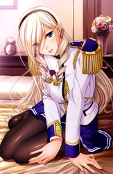  absurdres alarm_clock bed black_pantyhose blonde_hair blue_eyes celia_kumani_entory clock drill_hair epaulettes female flower hair_over_one_eye hairband head_tilt highres komori_kei leaning_forward long_hair looking_at_viewer medal no_shoes on_bed pantyhose picture_frame pillow pleated_skirt scan school_uniform sitting skirt smile solo twin_drills uniform vase walkure_romanze yokozuwari 