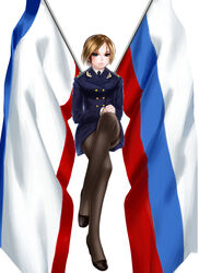  blonde_hair blue_eyes commentary crimean_flag female flag highres military military_uniform natalia_poklonskaya pantyhose pencil_skirt rail_(silverbow) real_life republic_of_crimea russia russian_flag short_hair skirt solo thighband_pantyhose uniform 