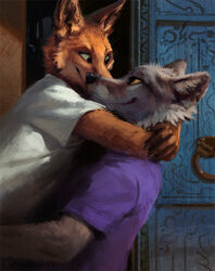  2015 5_fingers ambiguous_gender anthro black_lips black_nose brown_body brown_fur canid canine canis claws clothed clothing detailed detailed_background door duo eye_contact fingers fox fur green_eyes grey_body grey_fur happy hax_(artist) hug inner_ear_fluff kenket lips lofi long_mouth looking_at_another mammal orange_body orange_eyes orange_fur red_fox shaded shadow shirt smile snout topwear true_fox tuft whiskers white_claws wolf 