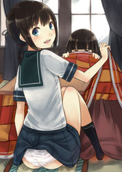  2girls ass bad_id bad_pixiv_id black_hair blunt_bangs blush brown_eyes brown_hair curtains from_behind fubuki_(kancolle) hatsuyuki_(kancolle) indoors kantai_collection kotatsu long_hair looking_back multiple_girls neckerchief open_mouth panties pleated_skirt school_uniform serafuku short_hair short_sleeves sitting skirt smile table teeth umasanjin underwear upper_teeth_only white_panties window 