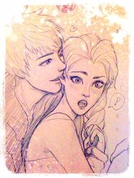  biting blush crossover ear_biting elsa_(frozen) frozen_(disney) jack_frost_(rise_of_the_guardians) monochrome rise_of_the_guardians 