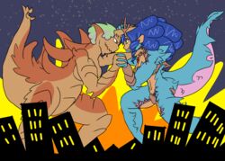  2015 animal_humanoid anthro antlers blue_eyes brown_eyes city cityscape claws clenched_teeth digital_media_(artwork) dragon dragon_humanoid duo eldritch_abomination eye_contact female fight fur hair hi_res horn humanoid kaiju landscape_dwarfing looking_at_another macro multicolored_hair mythological_creature mythological_scalie mythology navel night outside scalie tail tarrasque tartaurus teeth 