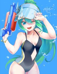  artemis_(p&amp;d) blue_eyes commentary_request covered_navel female gen_(gen_m_gen) green_hair hair_between_eyes highres long_hair one-piece_swimsuit one_eye_closed open_mouth ponytail puzzle_&amp;_dragons smile solo swimsuit very_long_hair visor_cap water water_gun 