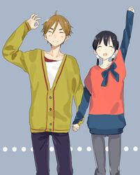  1boy black_hair brown_hair closed_eyes commentary_request female holding_hands kitashirakawa_tamako long_hair low_twintails mole mole_on_neck momose_(oqo) ooji_mochizou short_hair sweater tamako_market twintails waving 