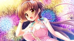  :d arisue_tsukasa bare_shoulders blush bracelet breasts brown_hair earrings female fireworks floral_flowlove flower_earrings frills game_cg jewelry large_breasts long_hair necklace night open_mouth outdoors pink_shirt shirt sky smile solo tiara tsubaki_kohane very_long_hair yellow_eyes 