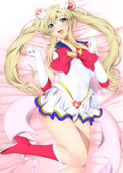  :d aqua_eyes bare_legs bed bishoujo_senshi_sailor_moon blonde_hair blue_sailor_collar blush boku_wa_tomodachi_ga_sukunai boots breasts brooch choker clenched_hands cosplay covered_navel double_bun elbow_gloves female female from_above gloves hands hands_up head_tilt heart heart_brooch heart_necklace highres indoors jewelry kashiwazaki_sena legs long_hair looking_at_viewer lying miniskirt multicolored multicolored_skirt neck necklace oerba_yun_fang on_back on_bed red_boots sailor_collar sailor_moon sailor_moon_(cosplay) see-through serafuku sidelocks skirt smile solo super_sailor_moon super_sailor_moon_(cosplay) thighs tiara tsukino_usagi tsukino_usagi_(cosplay) twintails white_clothes white_gloves white_skirt yadokari_genpachirou yellow_choker 