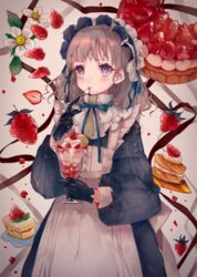  apron black_gloves blue_dress brown_eyes brown_hair brown_ribbon cake cake_slice cha_goma commentary_request cup dress female flower food fruit fruit_tart gloves highres holding holding_cup holding_spoon licking long_hair long_sleeves maid original parfait puffy_long_sleeves puffy_sleeves ribbon solo spoon strawberry strawberry_blossoms strawberry_parfait strawberry_shortcake strawberry_tart tart_(food) tongue tongue_out white_apron white_flower 