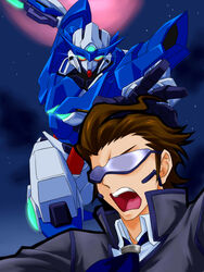  brown_hair glowing glowing_eyes gundam gundam_amazing_exia gundam_build_fighters meijin_kawaguchi night open_mouth projected_inset sky sunglasses sword weapon yuuki_tatsuya_(gundam_bf) 