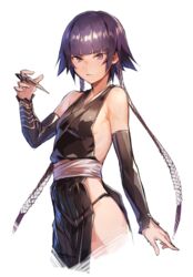  :/ absurdres bare_shoulders bleach blunt_bangs breasts claw_(weapon) commentary_request cowboy_shot deluxe&lt;&lt;&lt; detached_sleeves female hand_up highres looking_at_viewer purple_eyes purple_hair sash short_hair_with_long_locks side_slit sideboob simple_background small_breasts solo sui-feng suzumebachi_(shikai) weapon white_background 