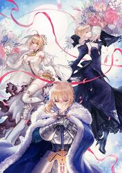  3girls ahoge armor armored_dress artoria_pendragon_(fate) bad_id bad_pixiv_id bare_shoulders black_dress blonde_hair blue_eyes breasts bridal_veil cape choker cleavage closed_mouth commentary_request cowboy_shot detached_sleeves dress excalibur_(fate/stay_night) fate/grand_order fate_(series) flower full_body fur_trim gauntlets green_eyes hair_intakes halterneck highres juliet_sleeves kim_hana leotard lock long_sleeves looking_at_viewer medium_breasts multiple_girls nero_claudius_(bride)_(fate) nero_claudius_(fate) padlock puffy_sleeves rose saber_(fate) saber_alter thighhighs veil white_dress white_legwear white_leotard white_sleeves wide_sleeves yellow_eyes 